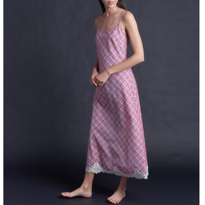 Juno Slip Dress in Italian Cotton Pink Plaid with Lace