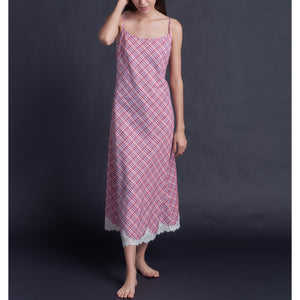 Juno Slip Dress in Italian Cotton Pink Plaid with Lace