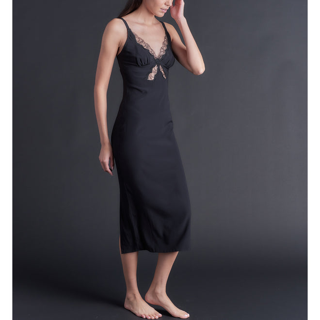 Long Laetitia Slip in Black Stretch Silk Charmeuse