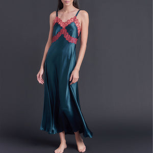 Marlayne Silk Charmeuse Slip in Peacock with Red Lace