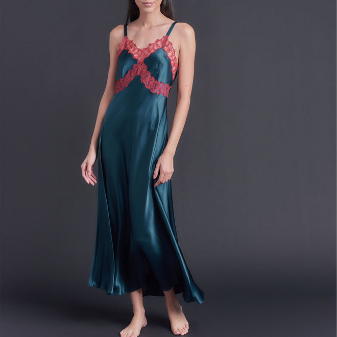 Marlayne Silk Charmeuse Slip in Peacock with Red Lace