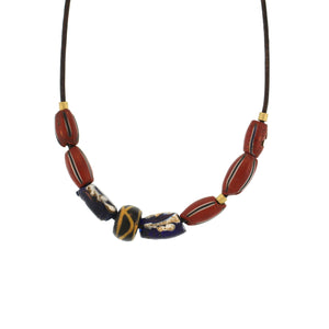 A Red, Blue, + Black Antique Glass Bead Necklace