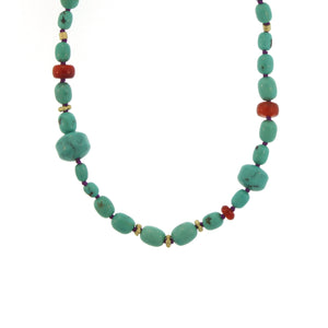 A Turquoise, Carnelian, and Gold Bead Necklace