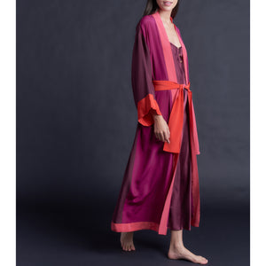 Asteria Kimono Robe in Silk Crepe De Chine Colorblock Reds