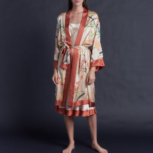 Selene Knee Length Robe in One of Kind Hand Painted Silk Charmeuse