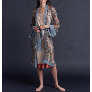 Selene Knee Length Robe in Print Block Persimmon Liberty Silk Crinkle Chiffon