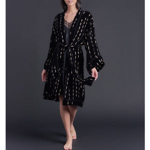 Selene Knee Length Robe in Black Burnout Silk Velvet