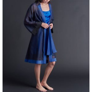 Selene Knee Length Robe in Color-block Sapphire Silk Cotton Voile