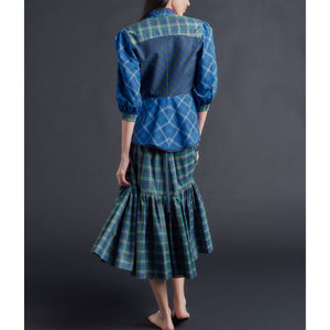 Brigitte Ruffle Skirt in Italian Cotton Blue Green Plaid