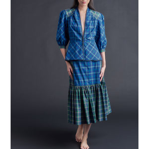 Brigitte Ruffle Skirt in Italian Cotton Blue Green Plaid