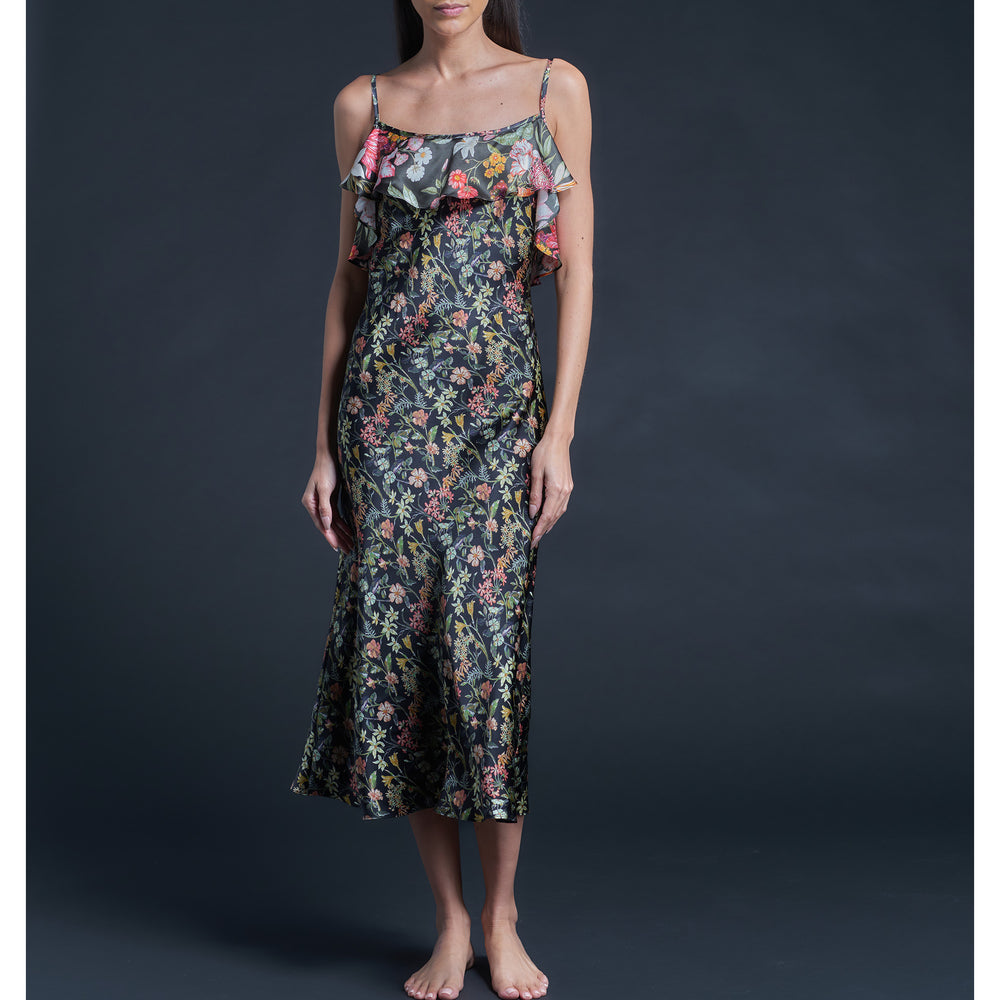 Anniversary Slip Dress in Silk Satin Liberty Print - Black Lockwood