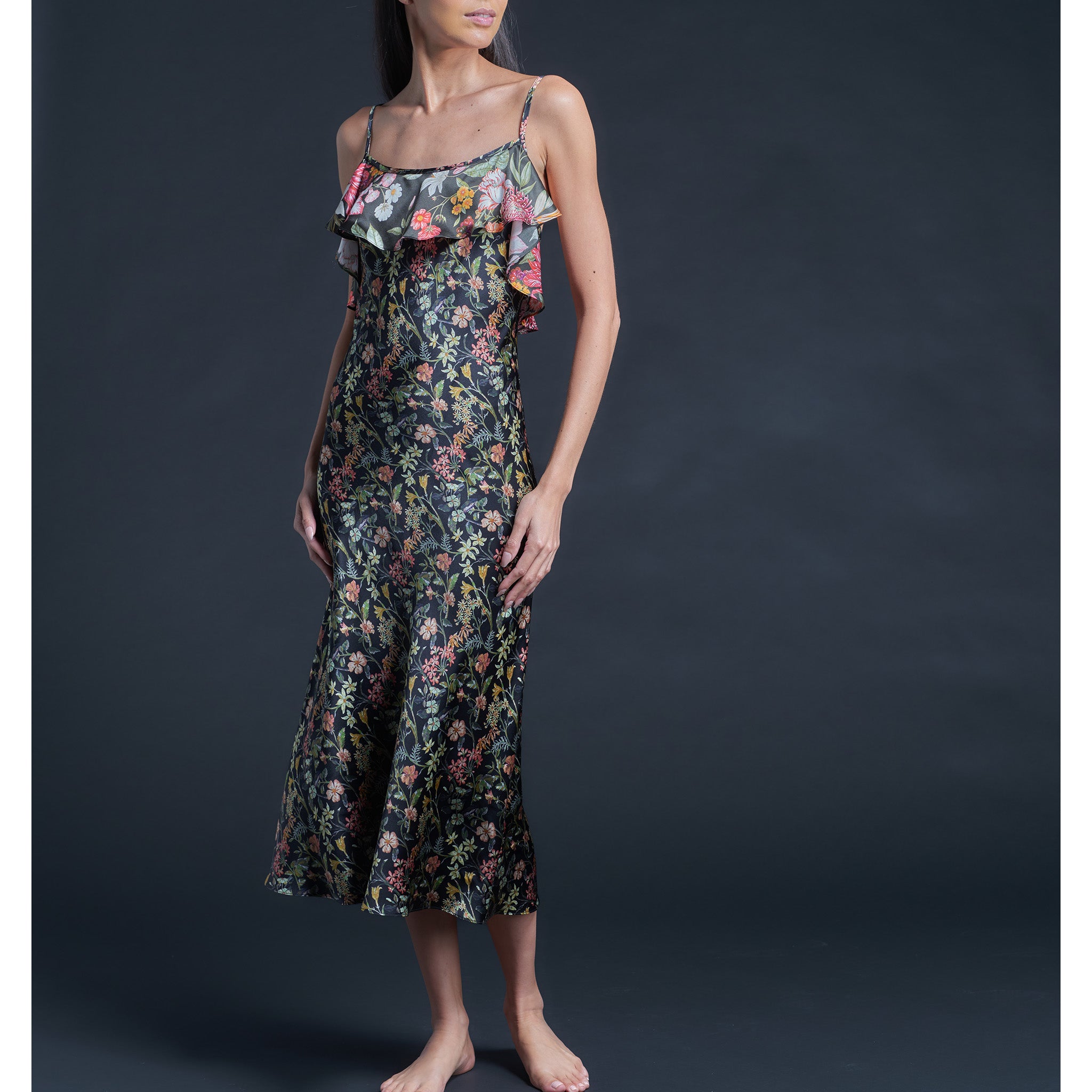 Anniversary Slip Dress in Silk Satin Liberty Print - Black Lockwood