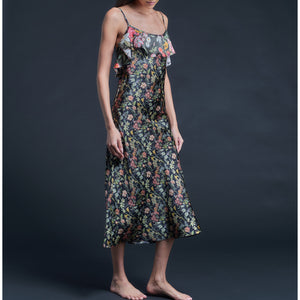 Anniversary Slip Dress in Silk Satin Liberty Print - Black Lockwood