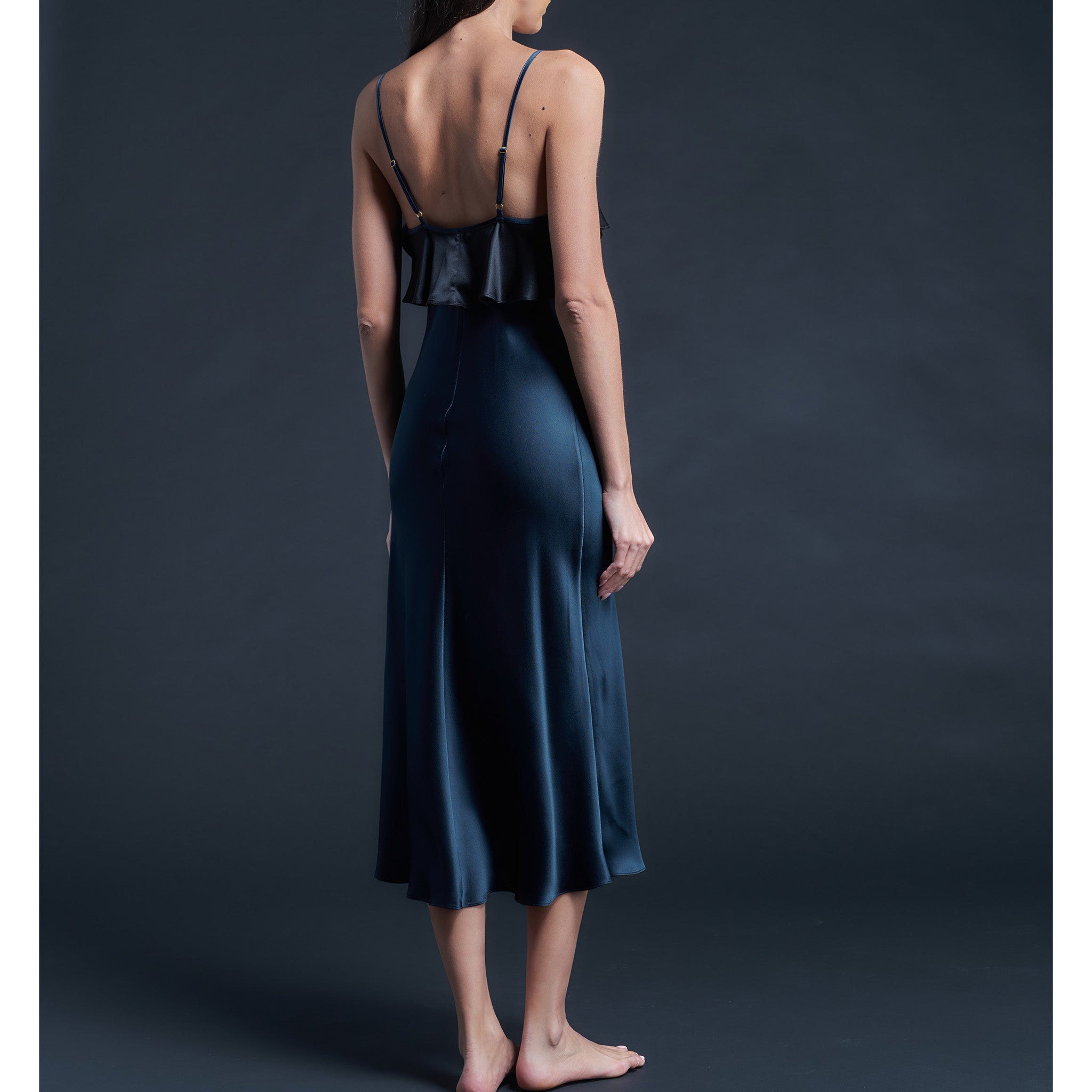 Anniversary Ruffle Slip Dress in Sapphire Black Silk Charmeuse
