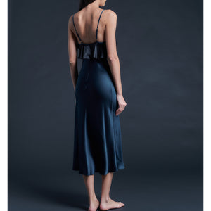 Anniversary Ruffle Slip Dress in Sapphire Black Silk Charmeuse