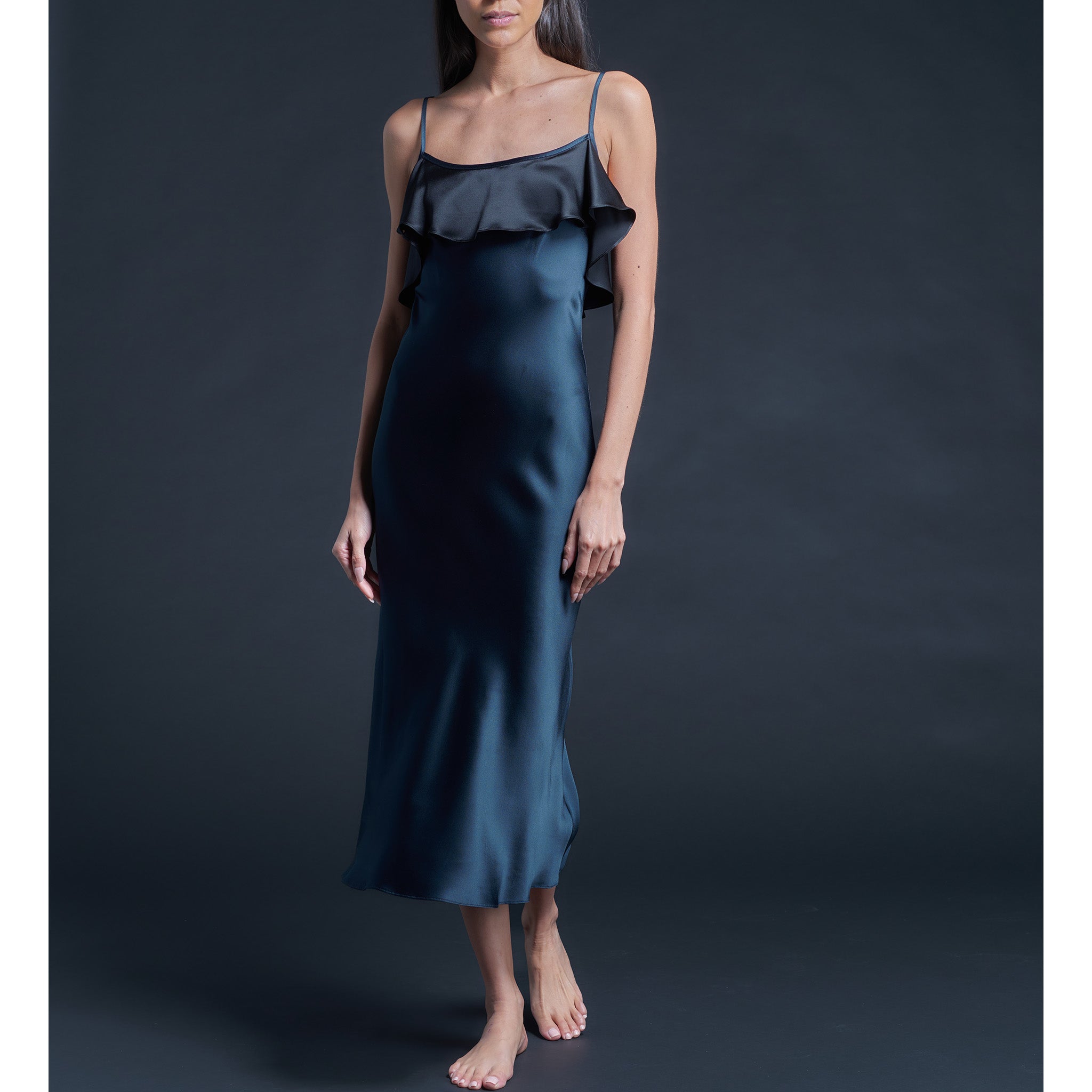 Anniversary Ruffle Slip Dress in Sapphire Black Silk Charmeuse