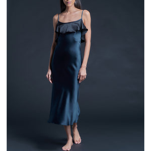 Anniversary Ruffle Slip Dress in Sapphire Black Silk Charmeuse