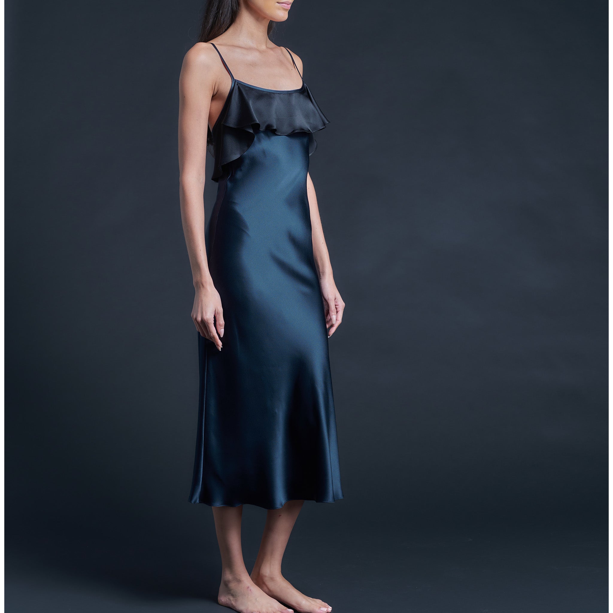 Anniversary Ruffle Slip Dress in Sapphire Black Silk Charmeuse