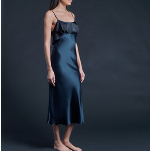 Anniversary Ruffle Slip Dress in Sapphire Black Silk Charmeuse