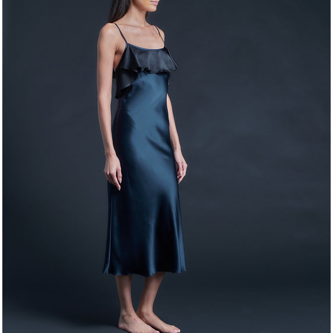 Anniversary Ruffle Slip Dress in Sapphire Black Silk Charmeuse