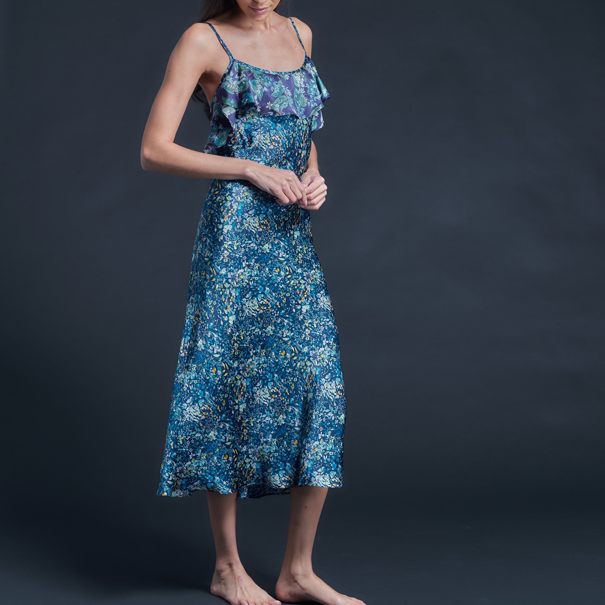 Anniversary Slip Dress in Silk Satin Liberty Print - Blue Felda