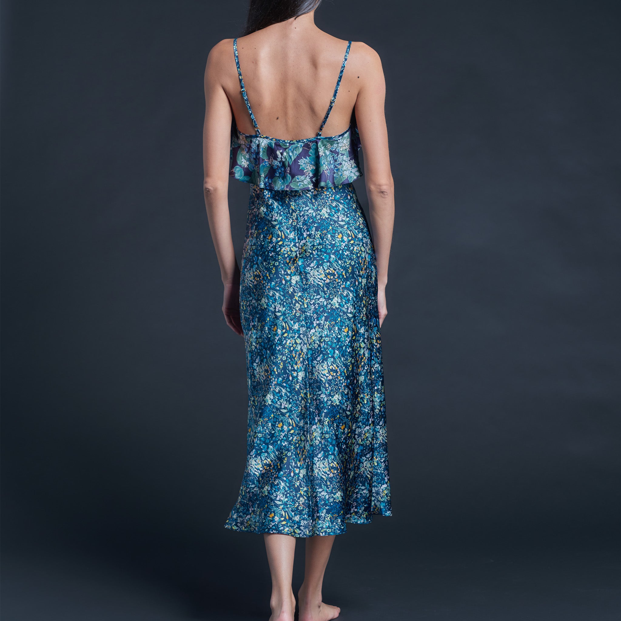 Anniversary Slip Dress in Silk Satin Liberty Print - Blue Felda