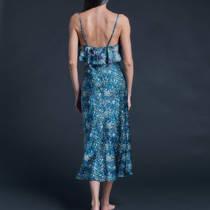Anniversary Slip Dress in Silk Satin Liberty Print - Blue Felda