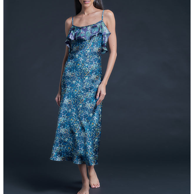 Anniversary Slip Dress in Silk Satin Liberty Print - Blue Felda