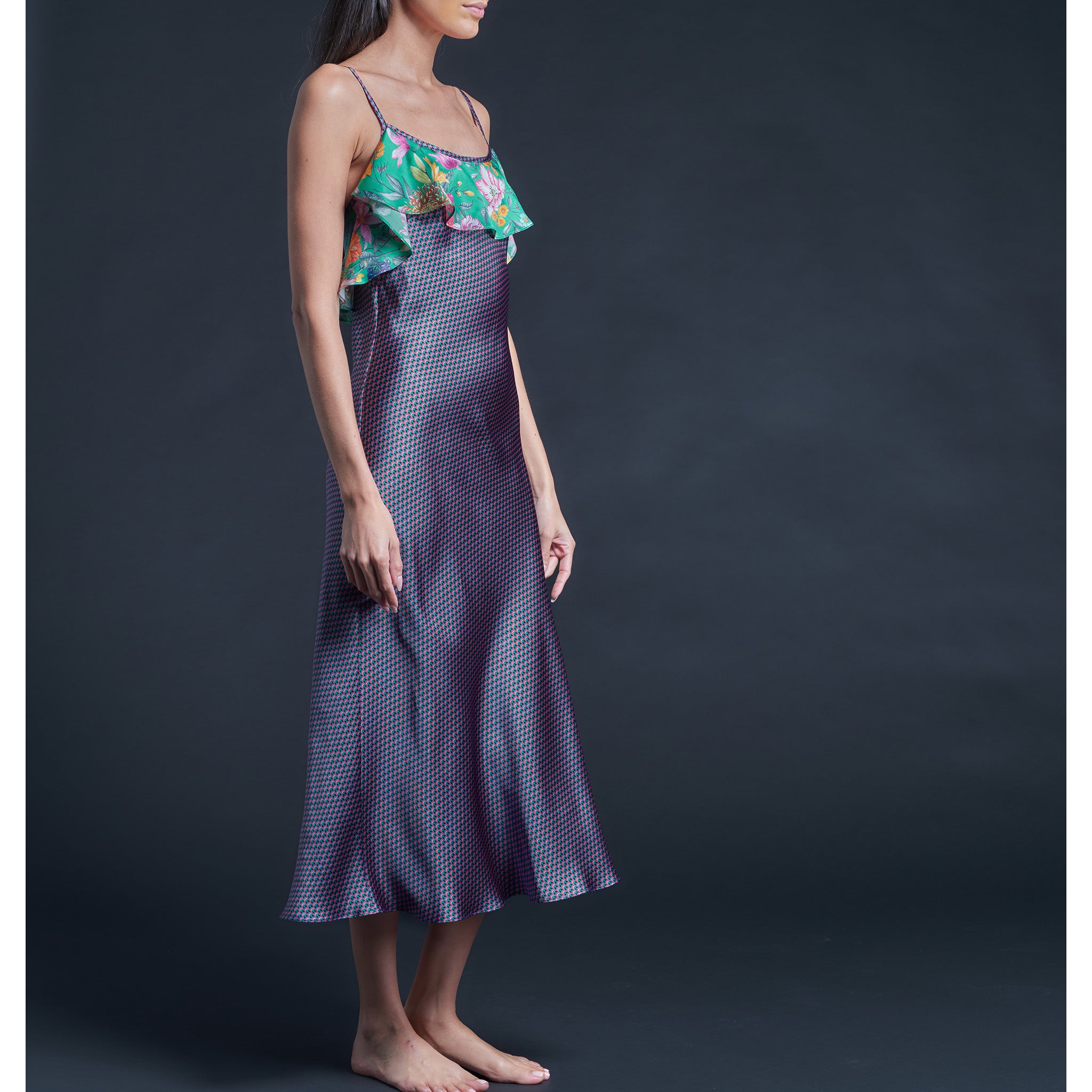Anniversary Slip Dress in Silk Satin Liberty Print - Woodstock