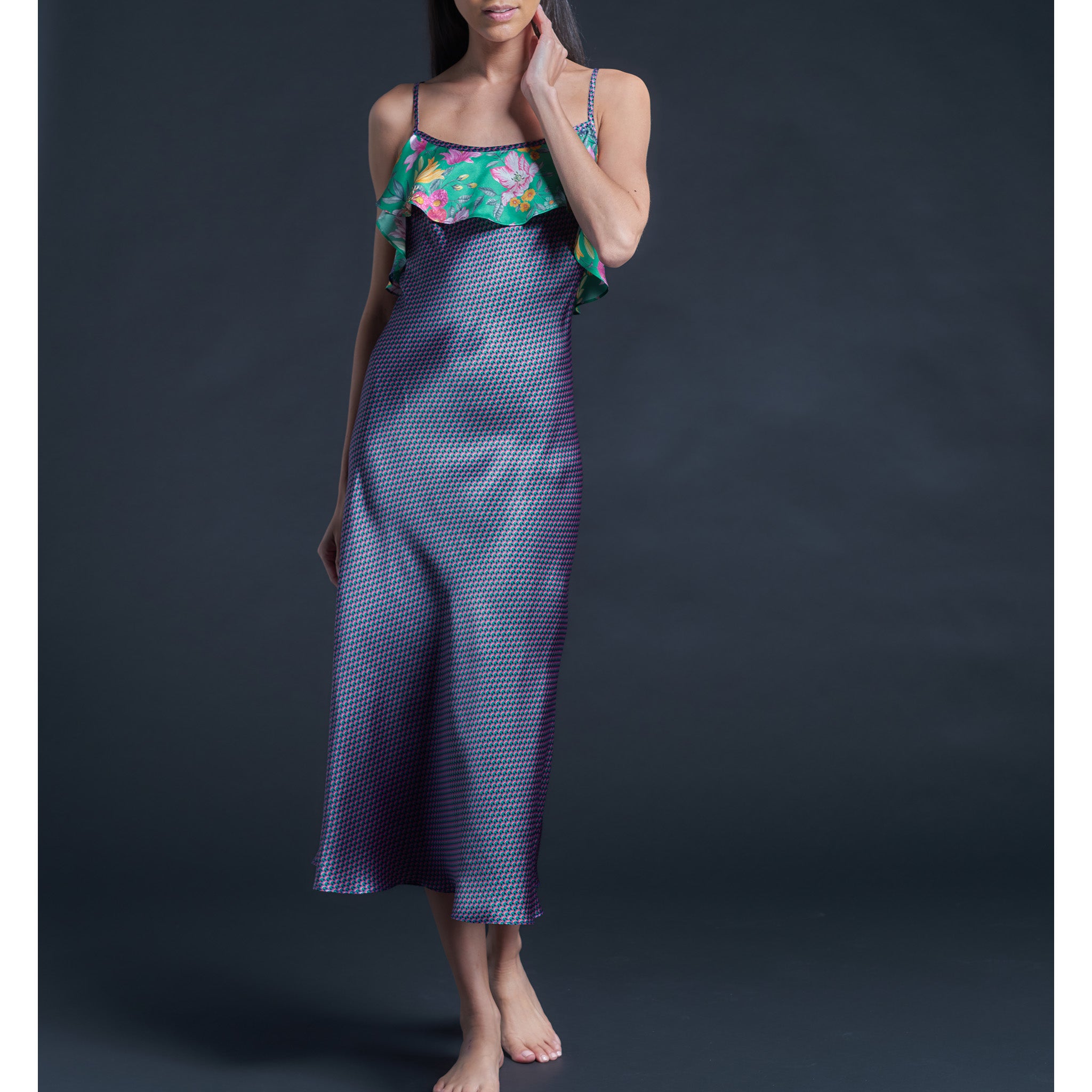 Anniversary Slip Dress in Silk Satin Liberty Print - Woodstock