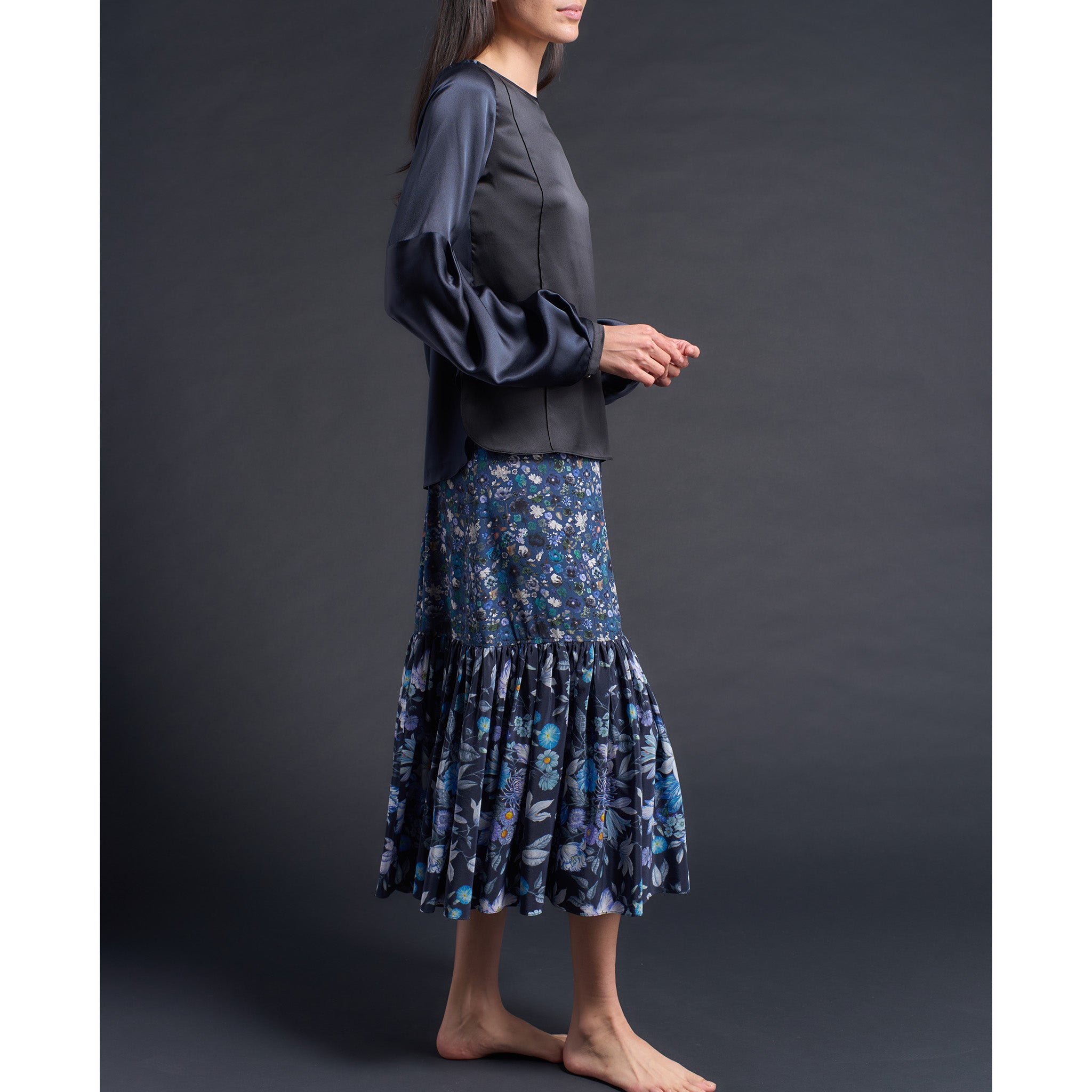 Anya Pleated Sleeve Blouse in Sapphire/ Black Silk Charmeuse