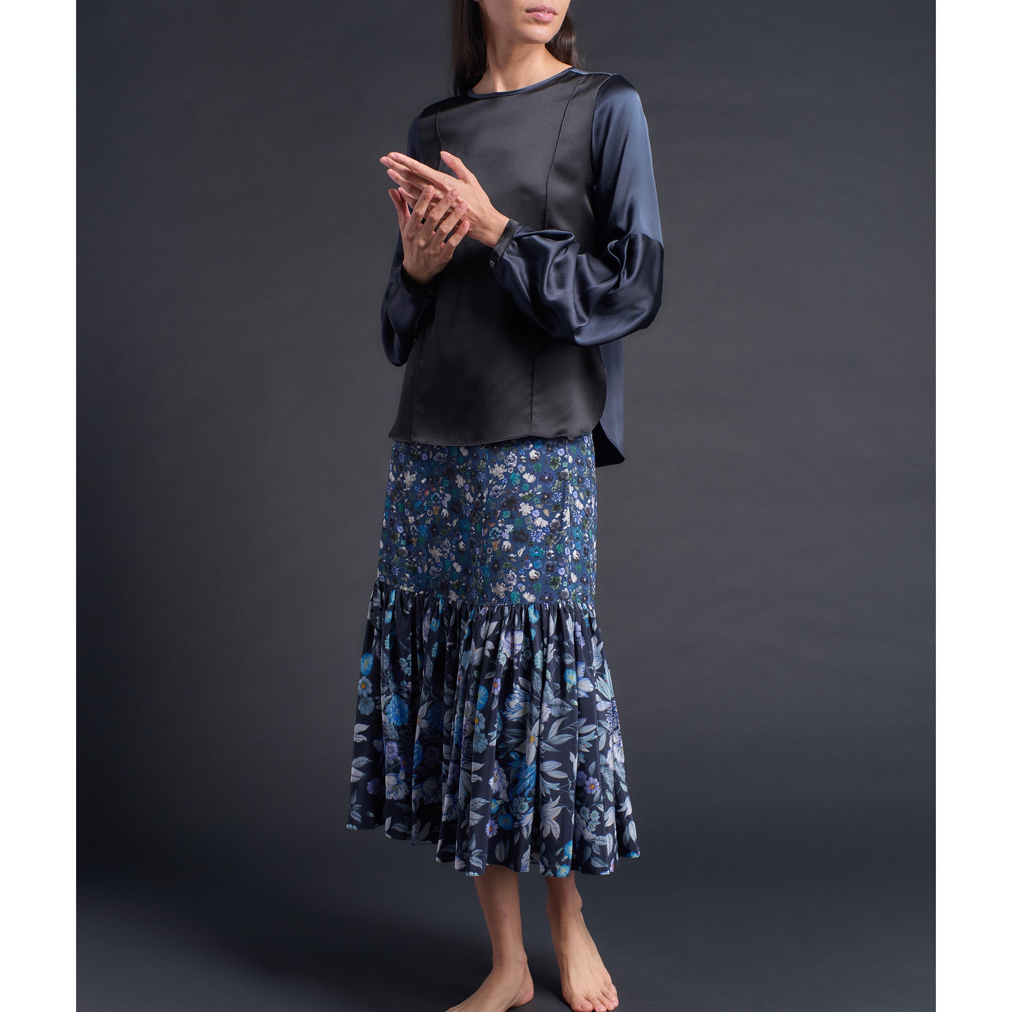 Anya Pleated Sleeve Blouse in Sapphire/ Black Silk Charmeuse