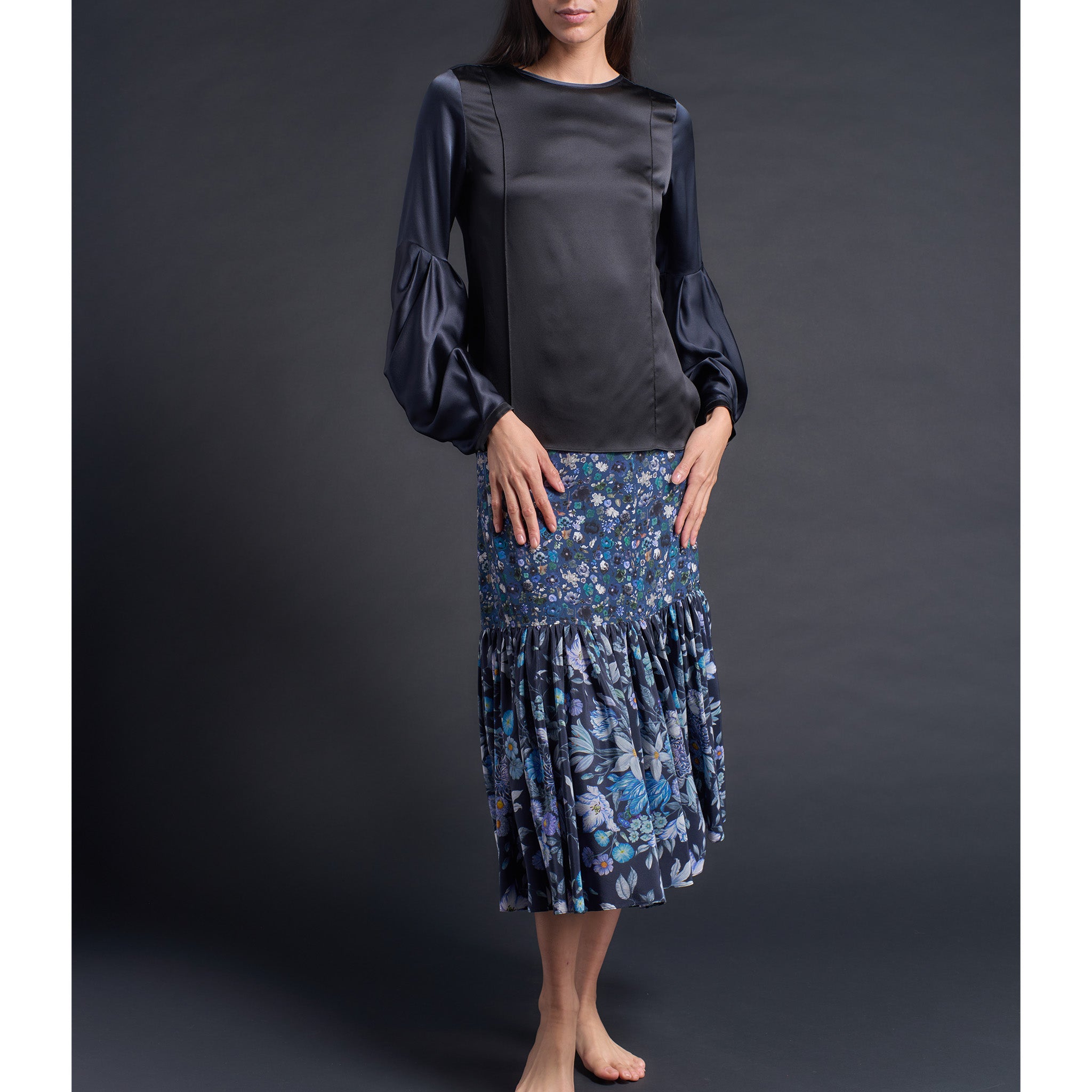 Anya Pleated Sleeve Blouse in Sapphire/ Black Silk Charmeuse