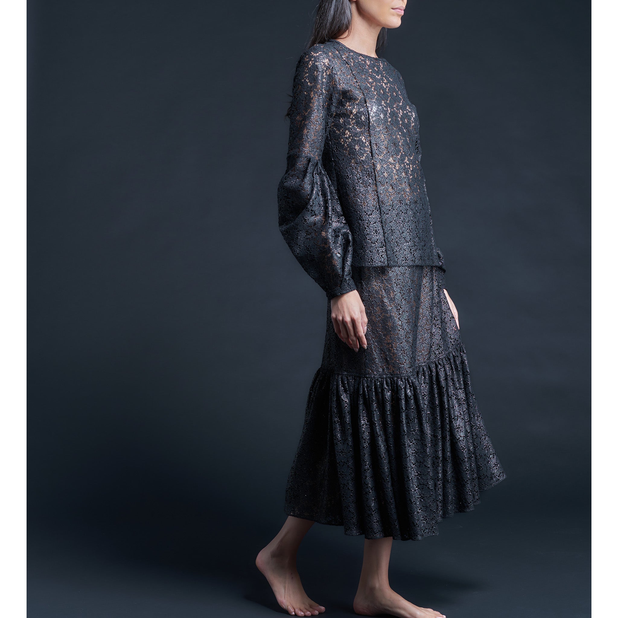 Anya Pleated Sleeve Blouse in Foil Printed Lace