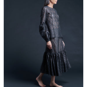 Anya Pleated Sleeve Blouse in Foil Printed Lace