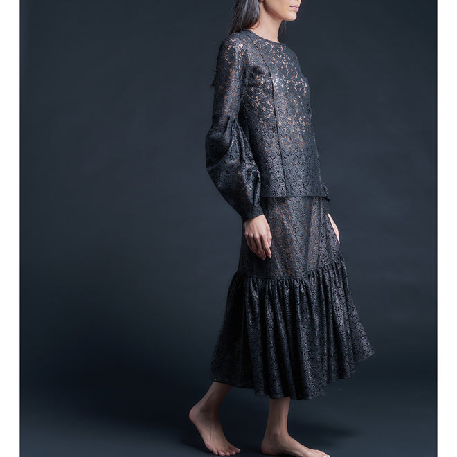 Anya Pleated Sleeve Blouse in Foil Printed Lace