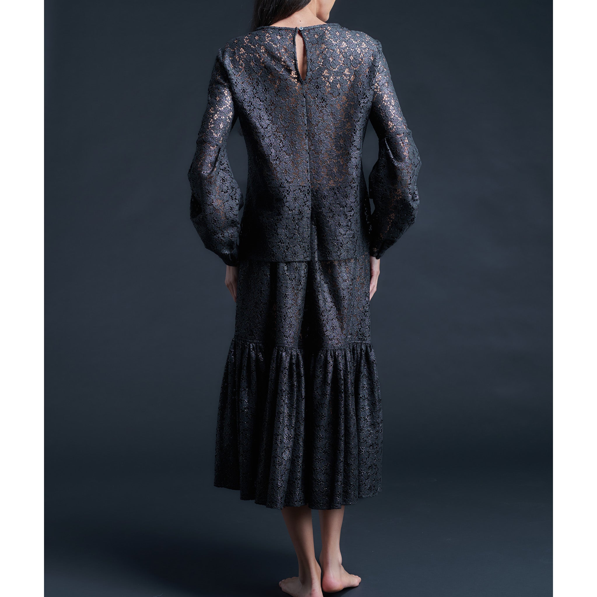 Anya Pleated Sleeve Blouse in Foil Printed Lace