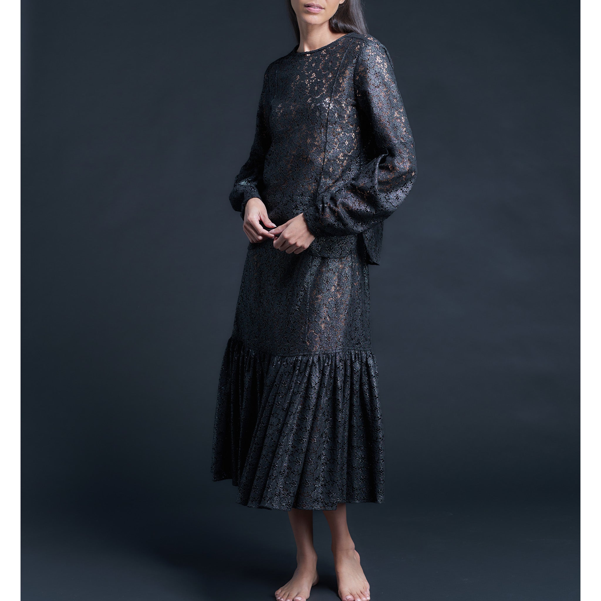 Anya Pleated Sleeve Blouse in Foil Printed Lace