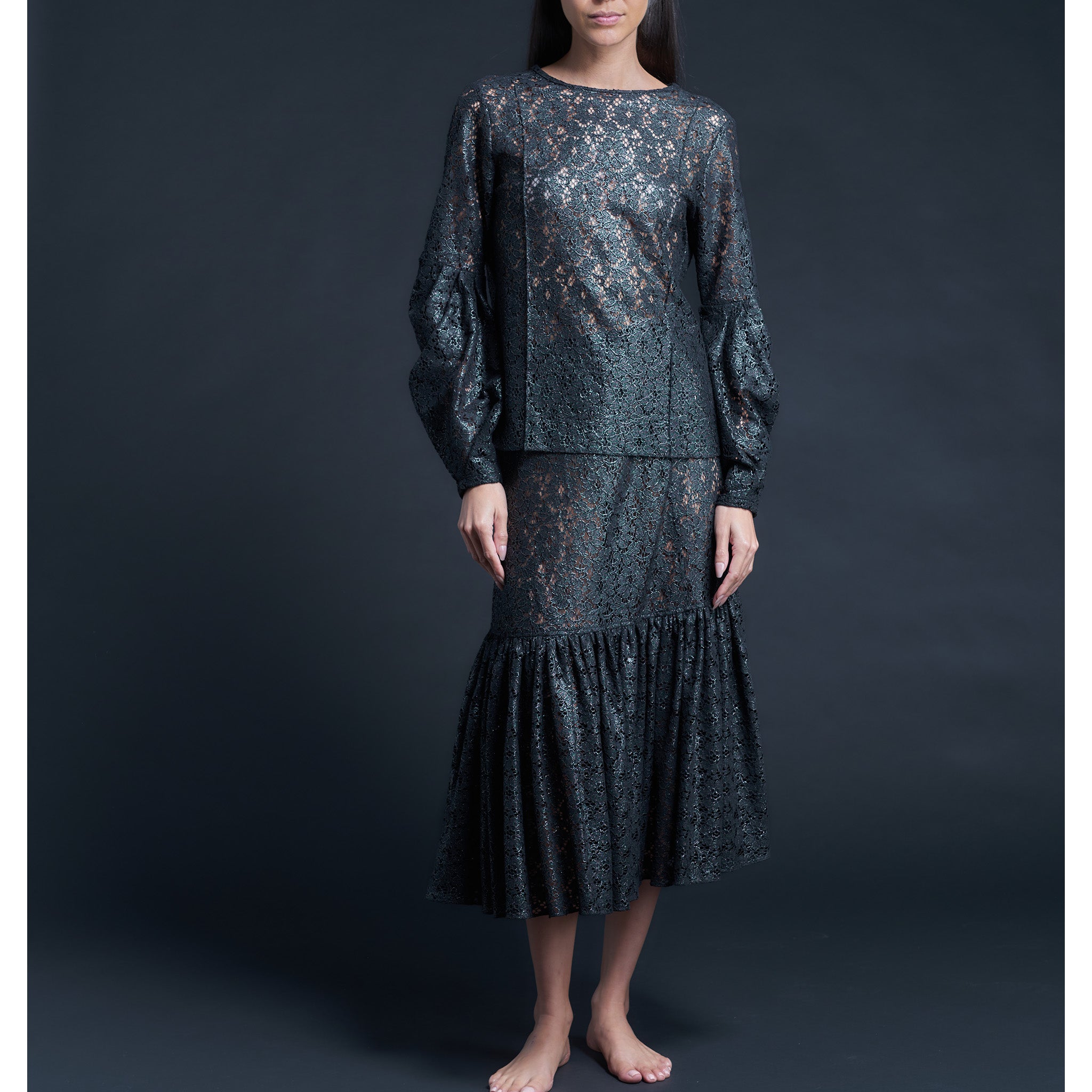 Anya Pleated Sleeve Blouse in Foil Printed Lace