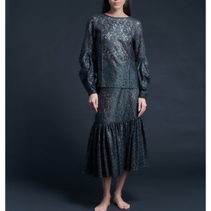Anya Pleated Sleeve Blouse in Foil Printed Lace