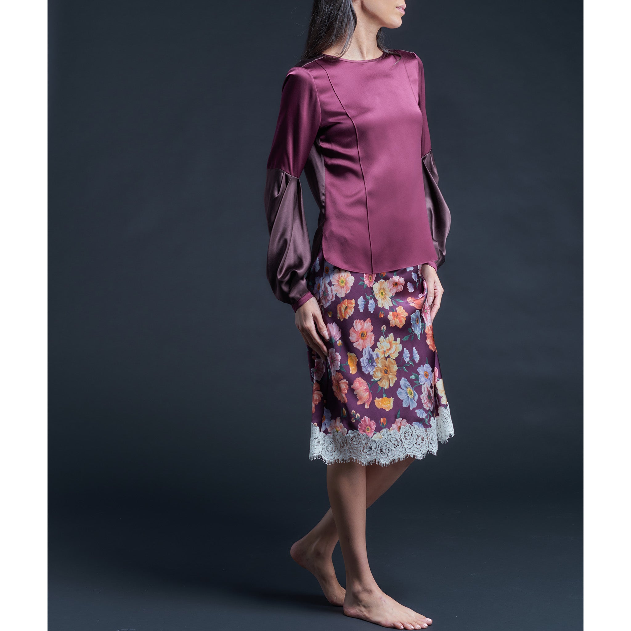 Anya Pleated Sleeve Blouse in Garnet/Espresso Silk Charmeuse