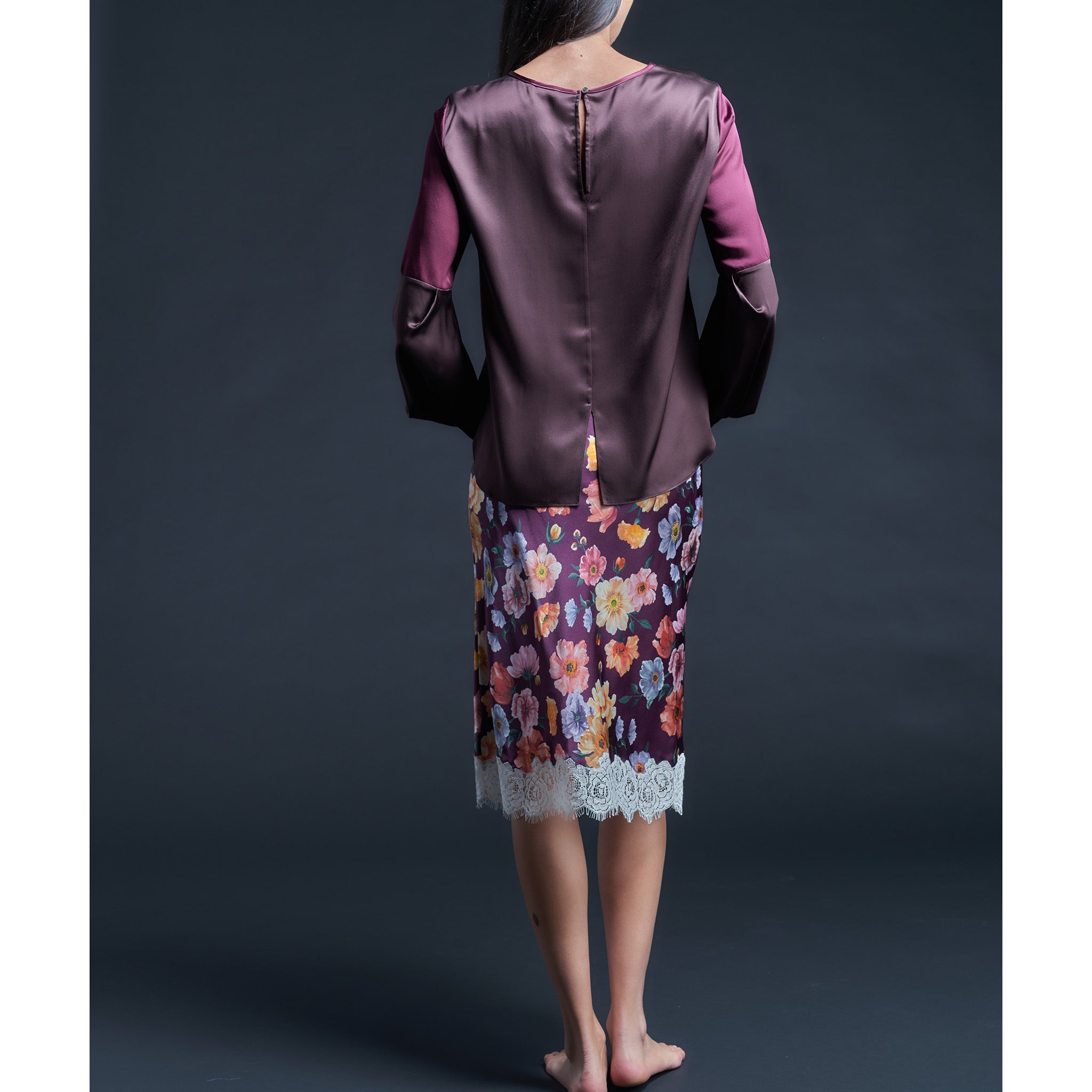 Anya Pleated Sleeve Blouse in Garnet/Espresso Silk Charmeuse