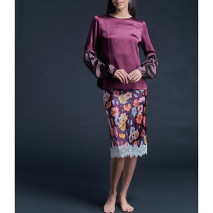Anya Pleated Sleeve Blouse in Garnet/Espresso Silk Charmeuse
