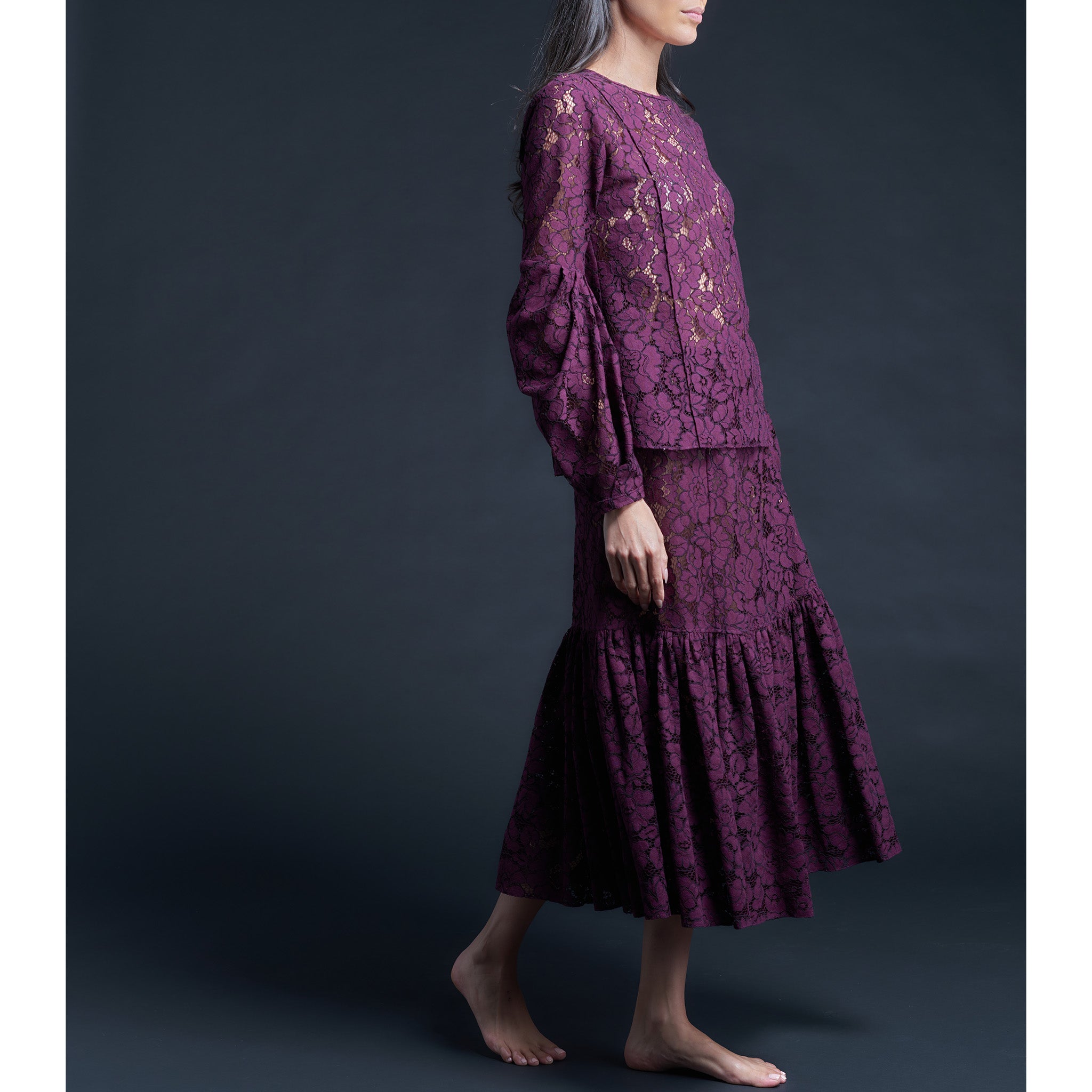 Anya Pleated Sleeve Blouse in Corded Lace