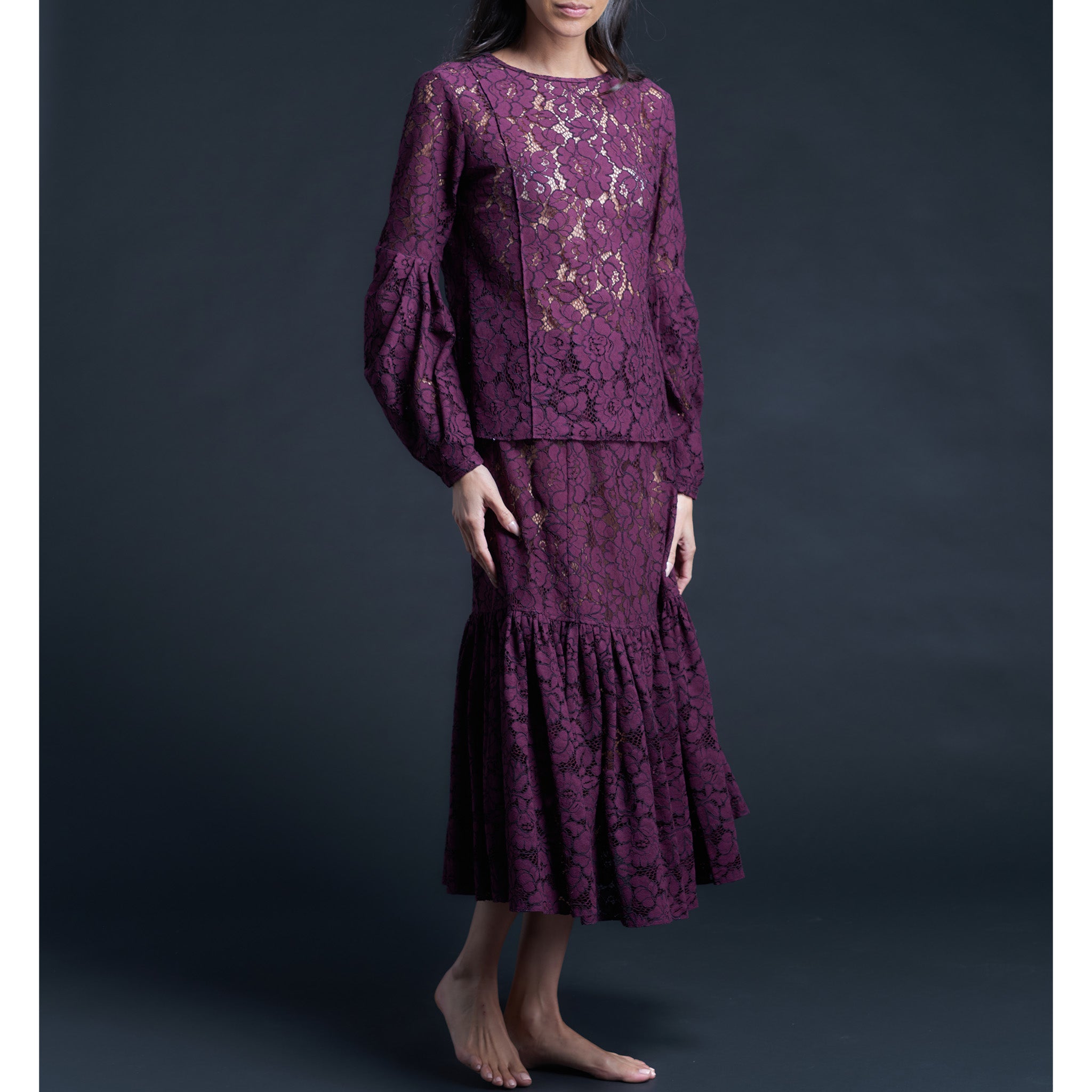 Anya Pleated Sleeve Blouse in Corded Lace
