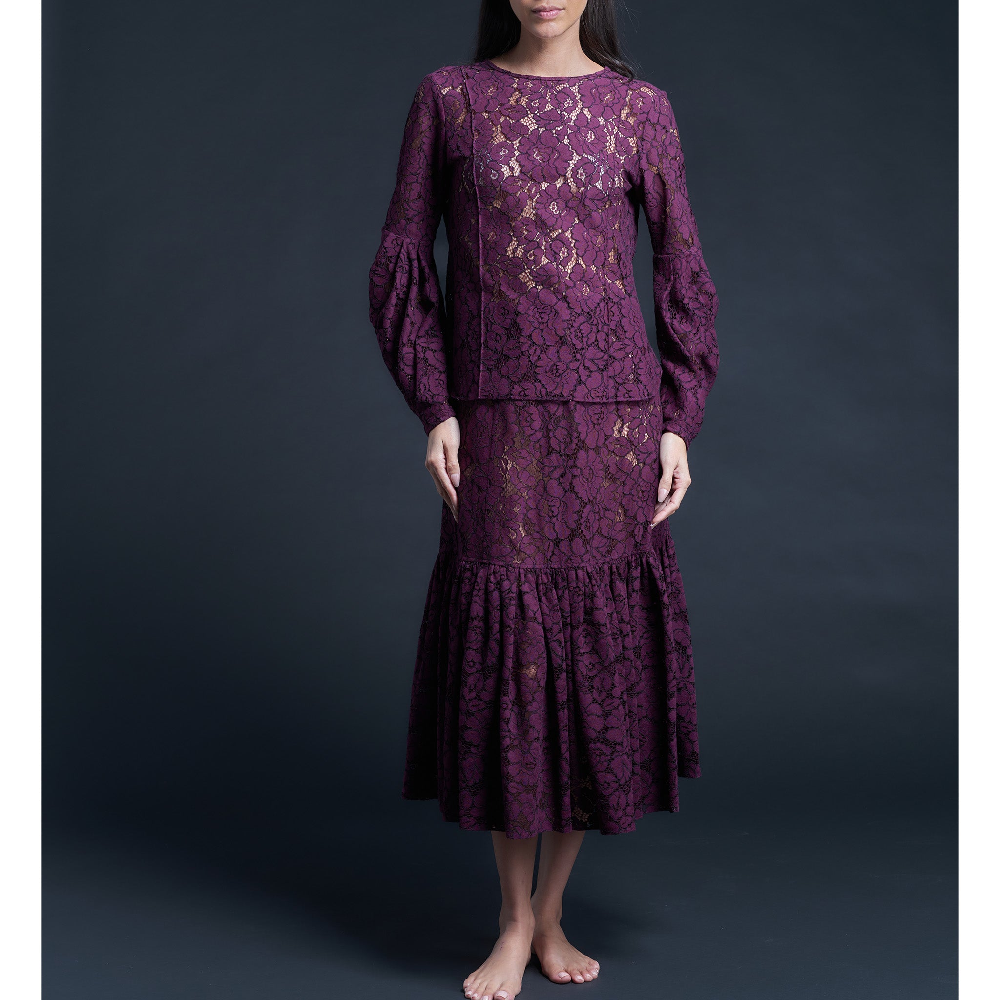 Anya Pleated Sleeve Blouse in Corded Lace