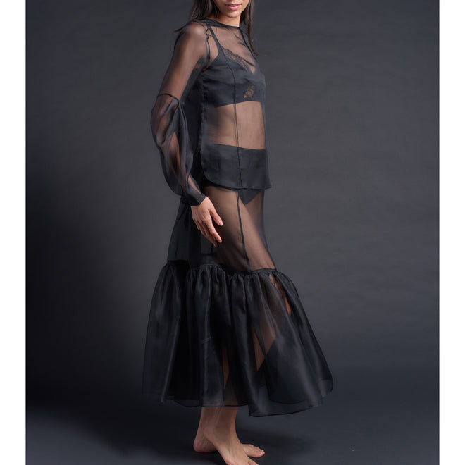Anya Pleated Sleeve Blouse in Black Silk Organza