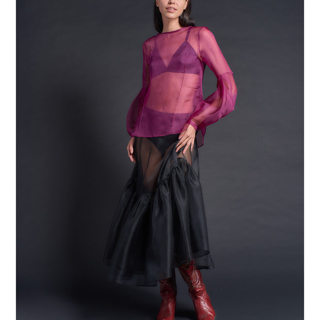 Longer Brigitte Ruffle Skirt in Black Silk Organza