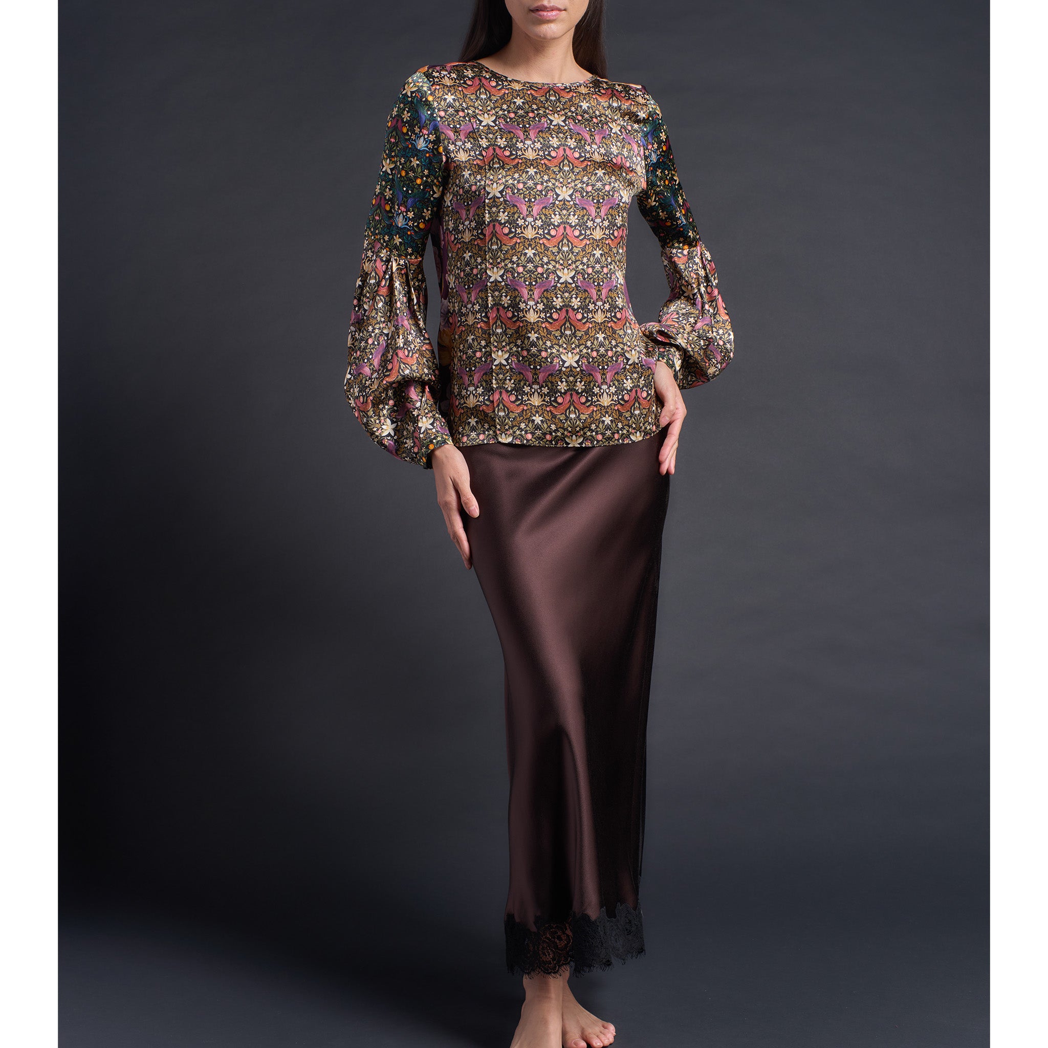 Kali Long Half Slip in Espresso Silk Crepe Backed Heavy Satin with Lace