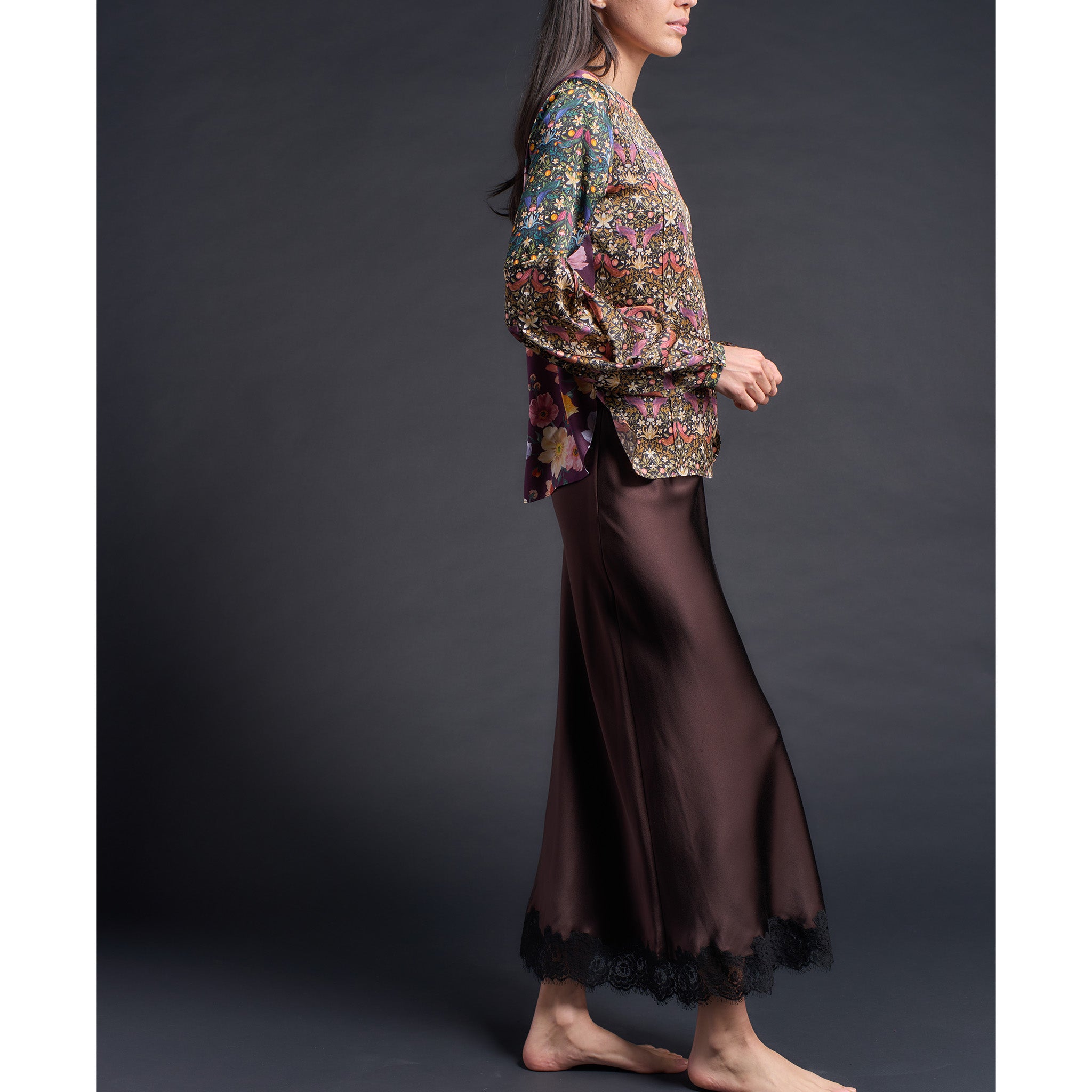 Kali Long Half Slip in Espresso Silk Crepe Backed Heavy Satin with Lace